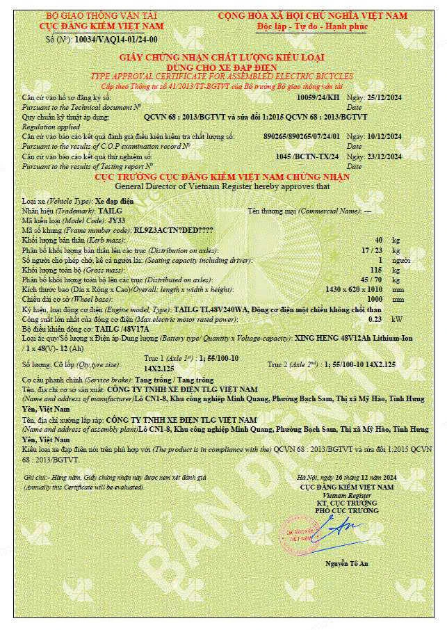 đăng kiểm xe đạp điện tailg jy33