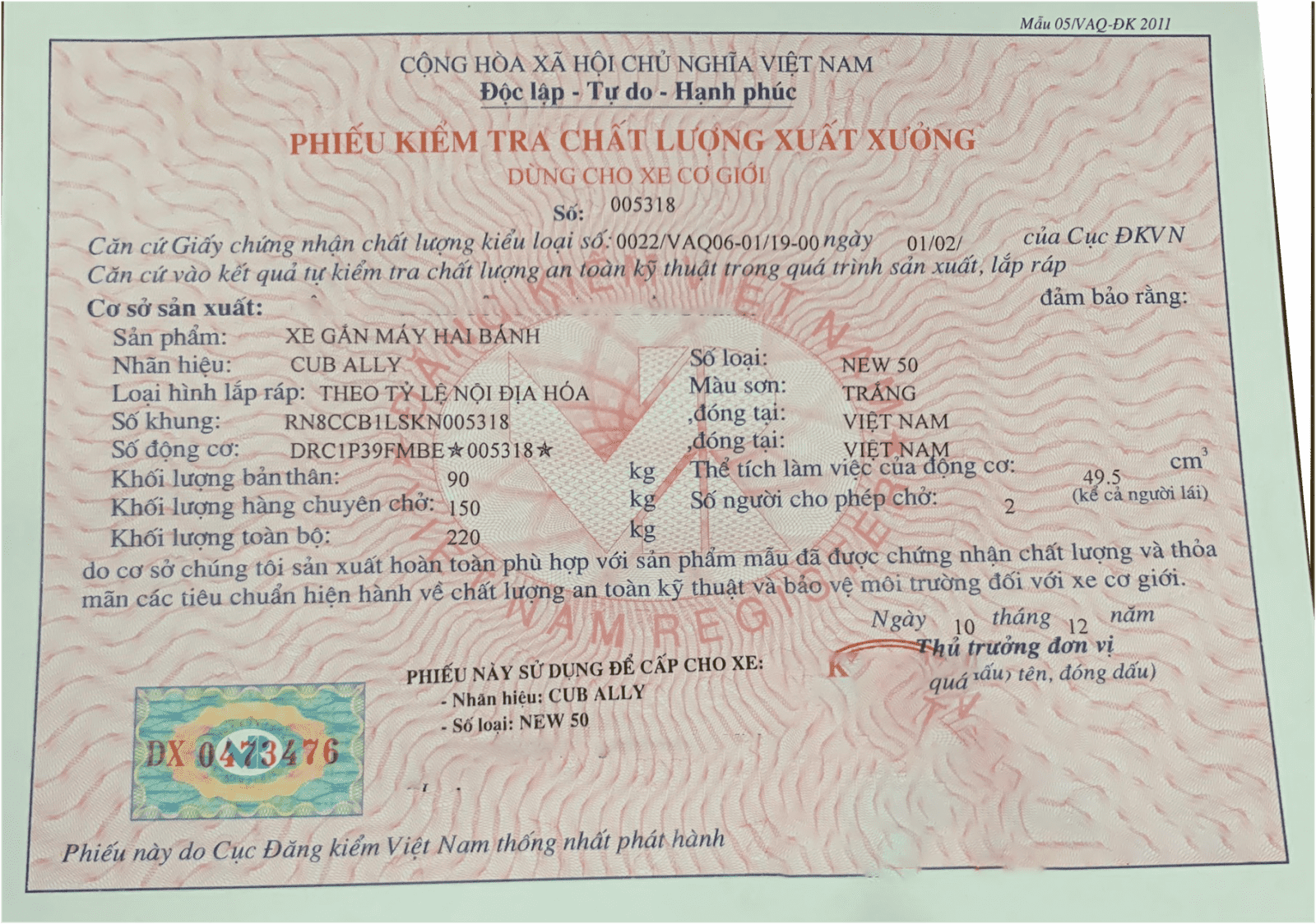 đăng kiểm cub new ally